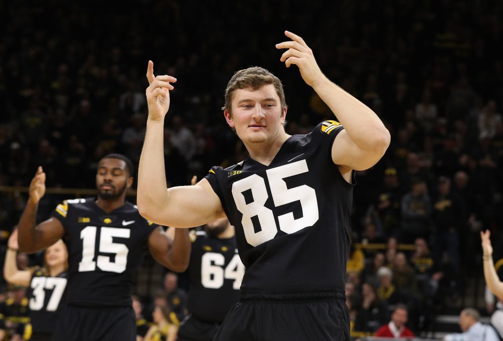 The Iowa Dance Team performs with the Iowa Football Team at halftime of the Iowa Hawkeyes game against the Indiana Hoosiers Friday, February 22, 2019 at Carver-Hawkeye Arena. (Brian Ray/hawkeyesports.com)