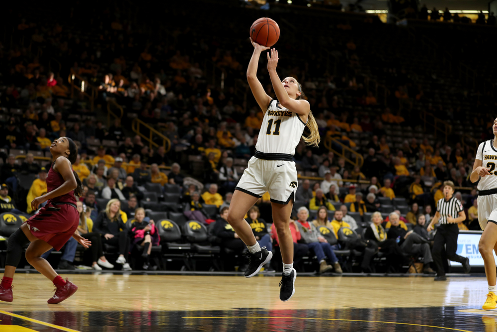 Iowa Hawkeyes guard Megan Meyer (11) against North Carolina Central Saturday, December 14, 2019 at Carver-Hawkeye Arena. (Brian Ray/hawkeyesports.com)