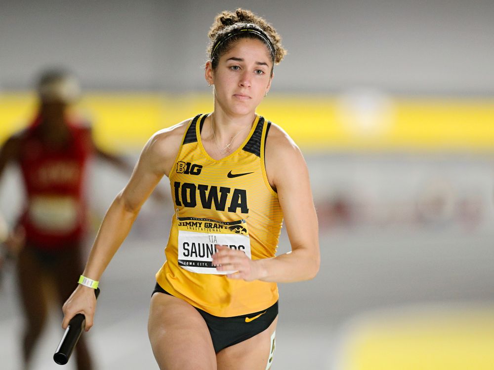 Iowa’s Tia Saunders runs the women’s 1600 meter relay event during the Jimmy Grant Invitational at the Recreation Building in Iowa City on Saturday, December 14, 2019. (Stephen Mally/hawkeyesports.com)