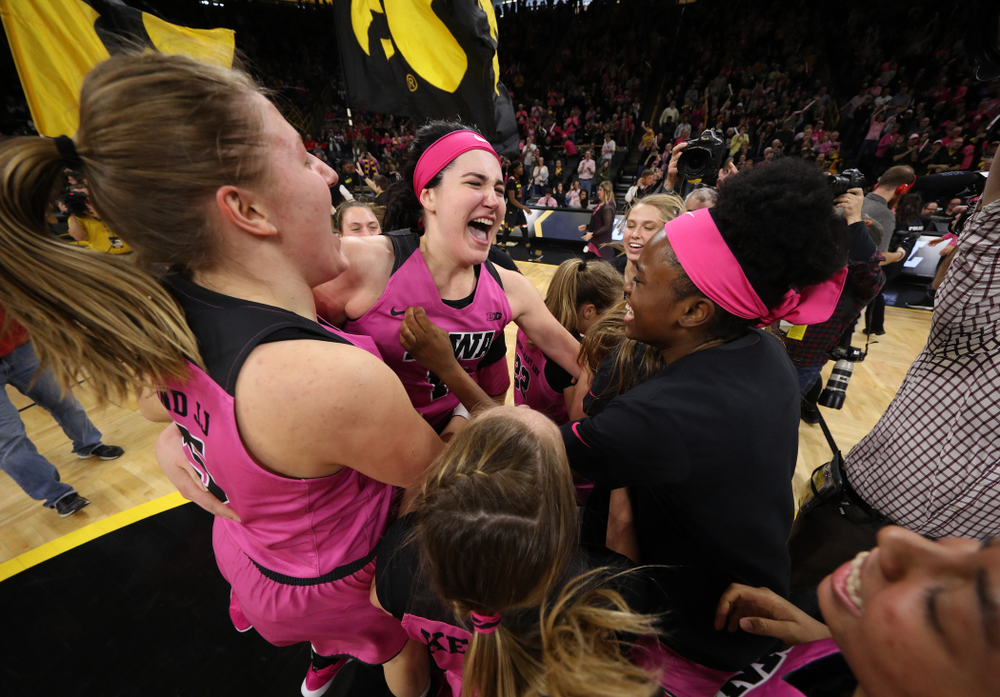 The Iowa Hawkeyes celebrate their victory against the seventh ranked Maryland Terrapins Sunday, February 17, 2019 at Carver-Hawkeye Arena. (Brian Ray/hawkeyesports.com)