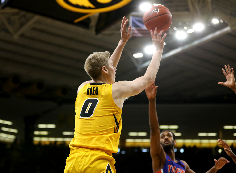 Iowa Hawkeyes forward Michael Baer (0) against the Savannah State Tigers Saturday, December 22, 2018 at Carver-Hawkeye Arena. (Brian Ray/hawkeyesports.com)
