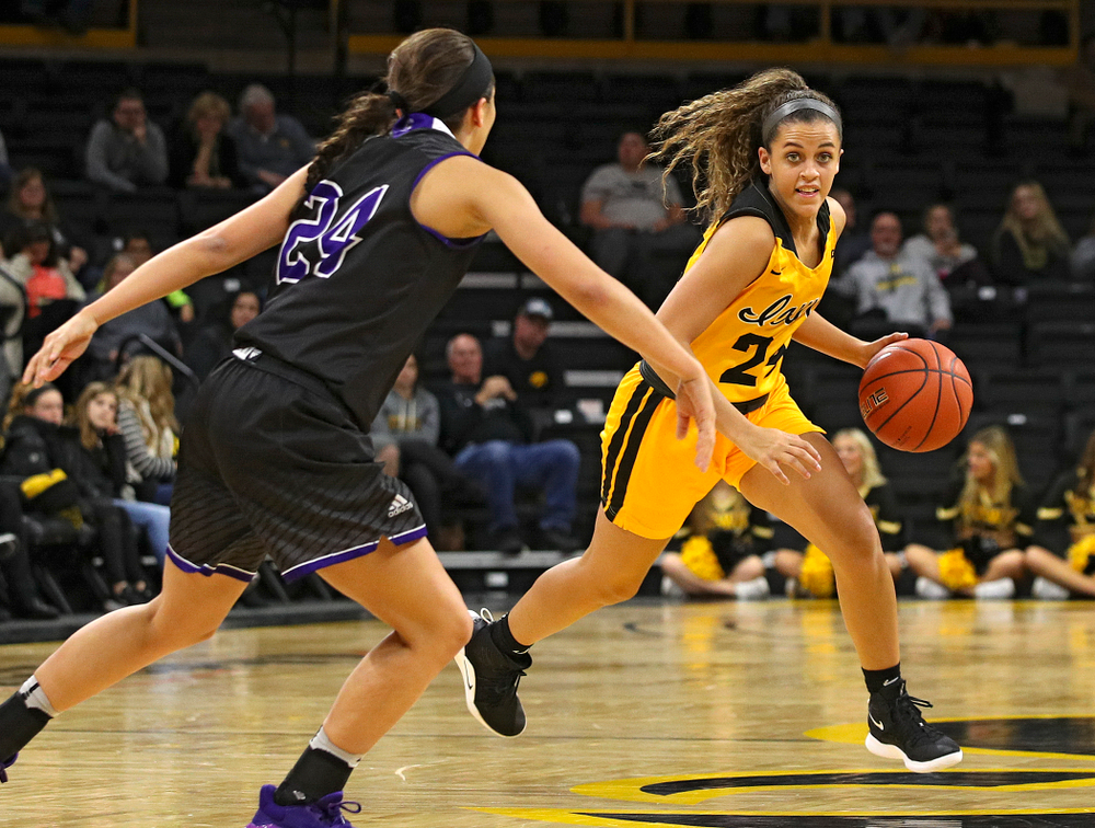 Iowa guard Gabbie Marshall (24) drives with the ball during the fourth quarter of their game against Winona State at Carver-Hawkeye Arena in Iowa City on Sunday, Nov 3, 2019. (Stephen Mally/hawkeyesports.com)