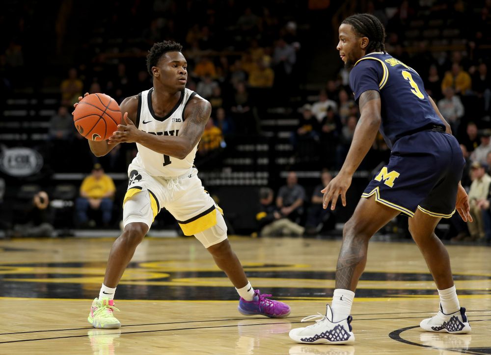 Iowa Hawkeyes guard Joe Toussaint (1) against the Michigan Wolverines Friday, January 17, 2020 at Carver-Hawkeye Arena. (Brian Ray/hawkeyesports.com)