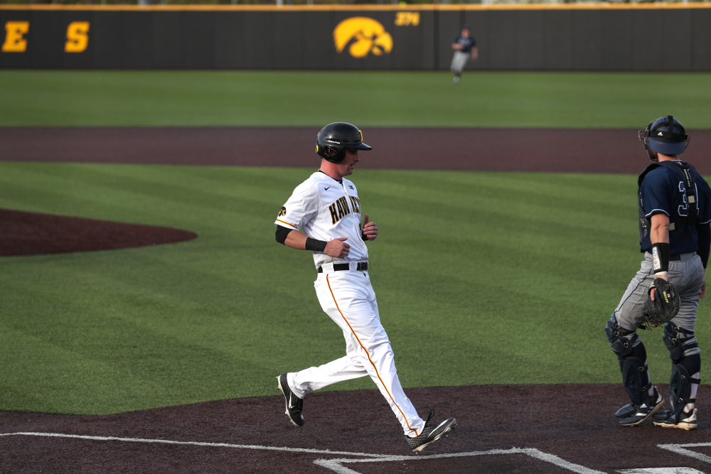 Iowa Hawkeyes Chris Whelan (28) scores during game one against UC Irvine Friday, May 3, 2019 at Duane Banks Field. (Brian Ray/hawkeyesports.com)