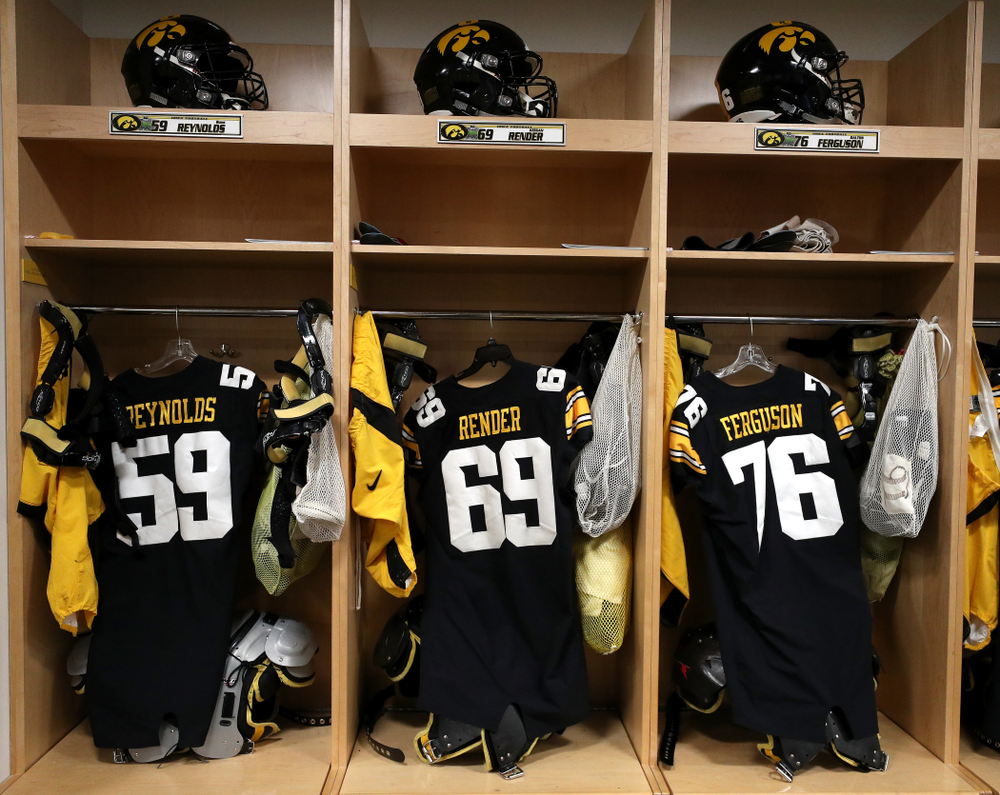 Iowa Hawkeyes offensive lineman Ross Reynolds (59), offensive lineman Keegan Render (69), and offensive lineman Dalton Ferguson (76) before their game against the Nebraska Cornhuskers Friday, November 23, 2018 at Kinnick Stadium. (Brian Ray/hawkeyesports.com)