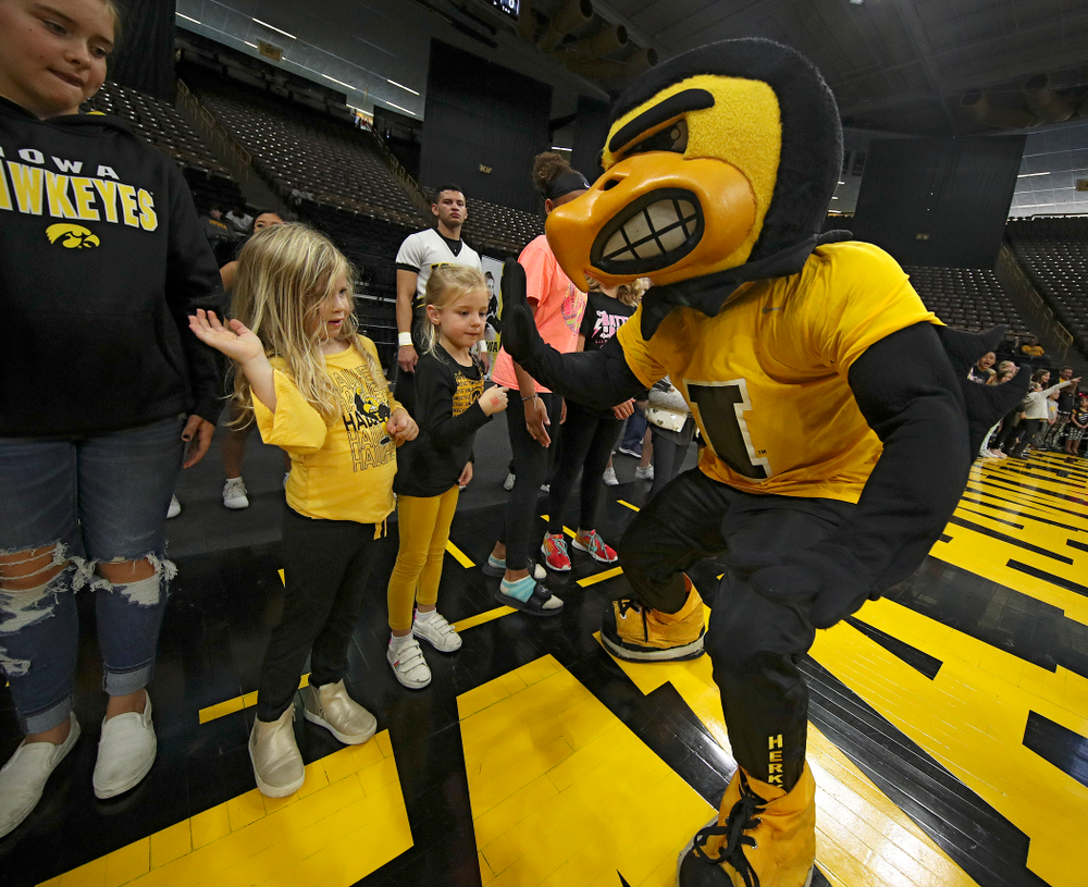 Herky gets a high-five from a young fan before the match at Carver-Hawkeye Arena in Iowa City on Sunday, Oct 20, 2019. (Stephen Mally/hawkeyesports.com)