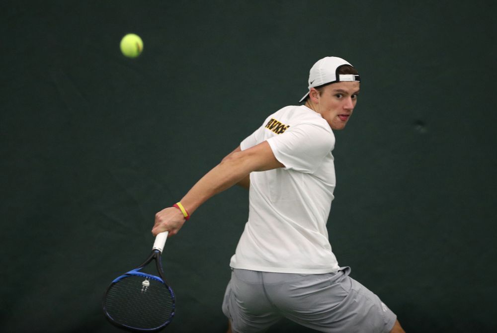Iowa's Joe Tyler against Western Michigan Saturday, January 19, 2019 at the Hawkeye Tennis and Recreation Complex. (Brian Ray/hawkeyesports.com)
