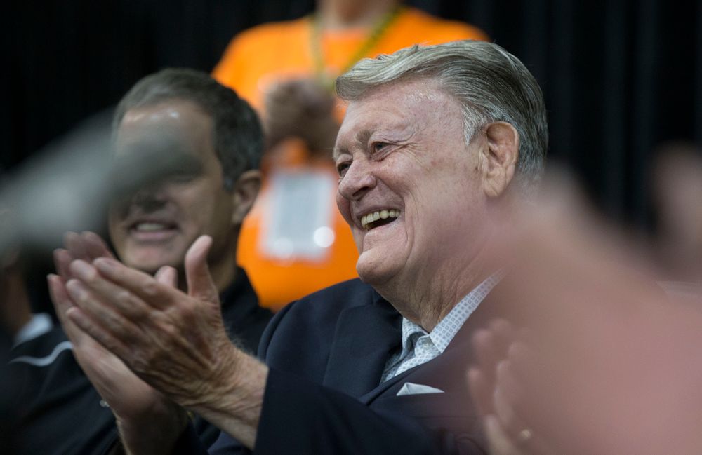 Former Hawkeye Football Head Coach Hayden Fry smiles during Fry Fest Friday, Aug. 29, 2014 in Coralville. (Brian Ray/hawkeyesports.com)