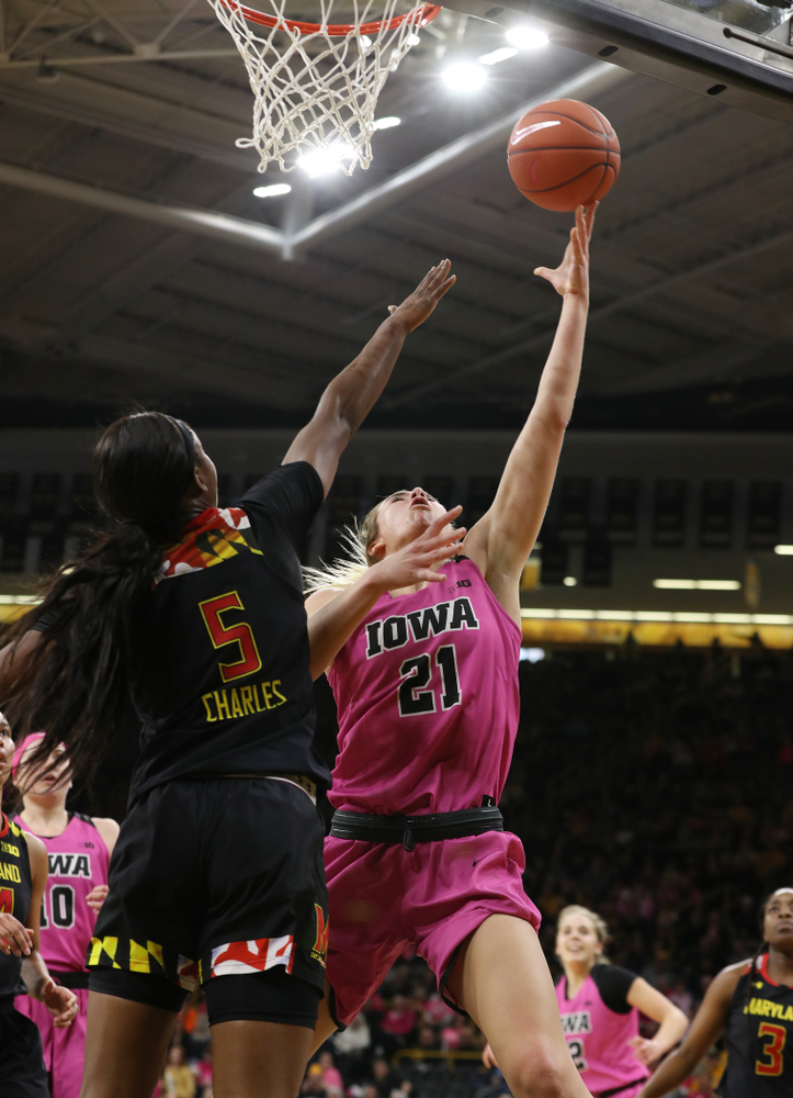 Iowa Hawkeyes forward Hannah Stewart (21) against the seventh ranked Maryland Terrapins Sunday, February 17, 2019 at Carver-Hawkeye Arena. (Brian Ray/hawkeyesports.com)