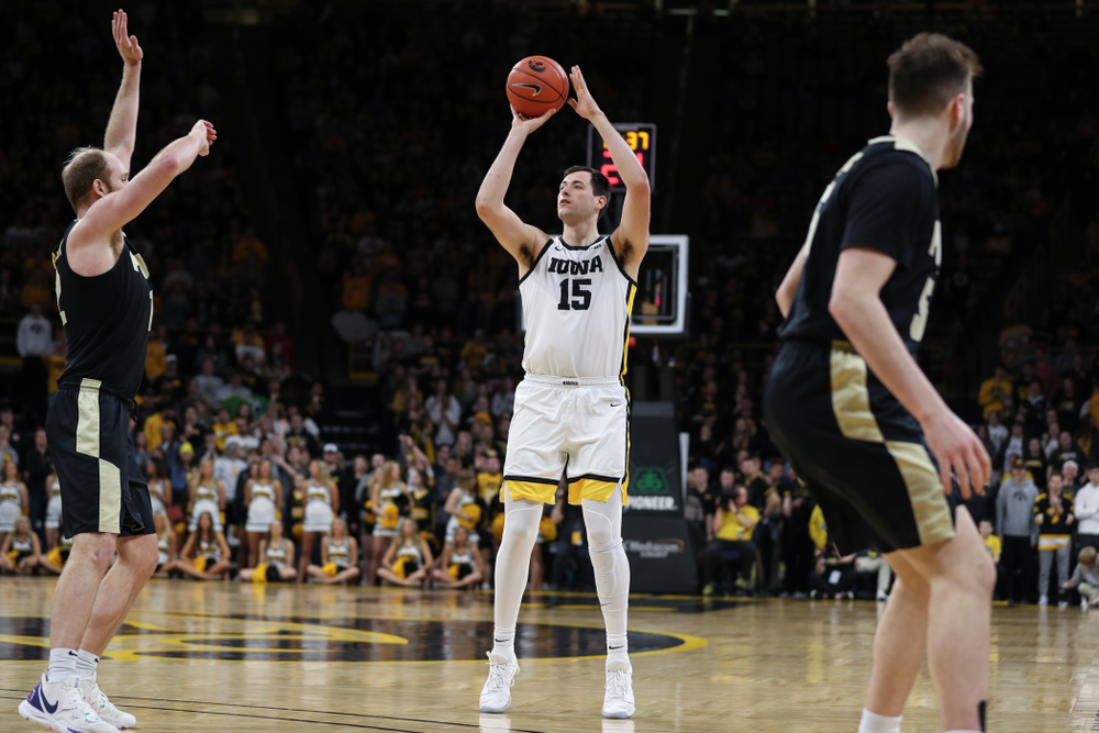 Iowa Hawkeyes forward Ryan Kriener (15) against the Purdue Boilermakers Tuesday, March 3, 2020 at Carver-Hawkeye Arena. (Brian Ray/hawkeyesports.com)