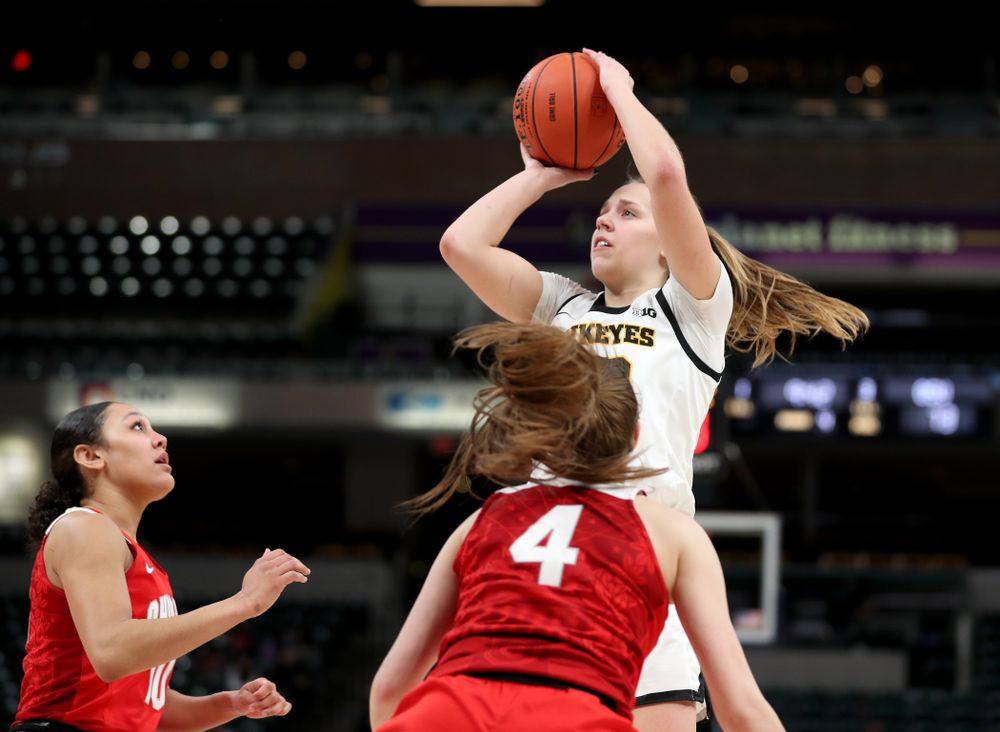 Iowa Hawkeyes guard Kathleen Doyle (22) against Ohio State in the quarterfinals of the Big Ten Basketball Tournament Friday, March 6, 2020 at Bankers Life Fieldhouse in Indianapolis. (Brian Ray/hawkeyesports.com)