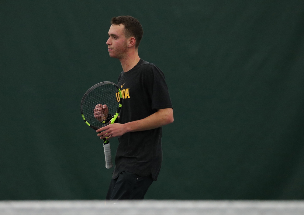 Iowa's Kareem Allaf against UMKC Friday, February 15, 2019 at the Hawkeye Tennis and Recreation Complex. (Brian Ray/hawkeyesports.com)