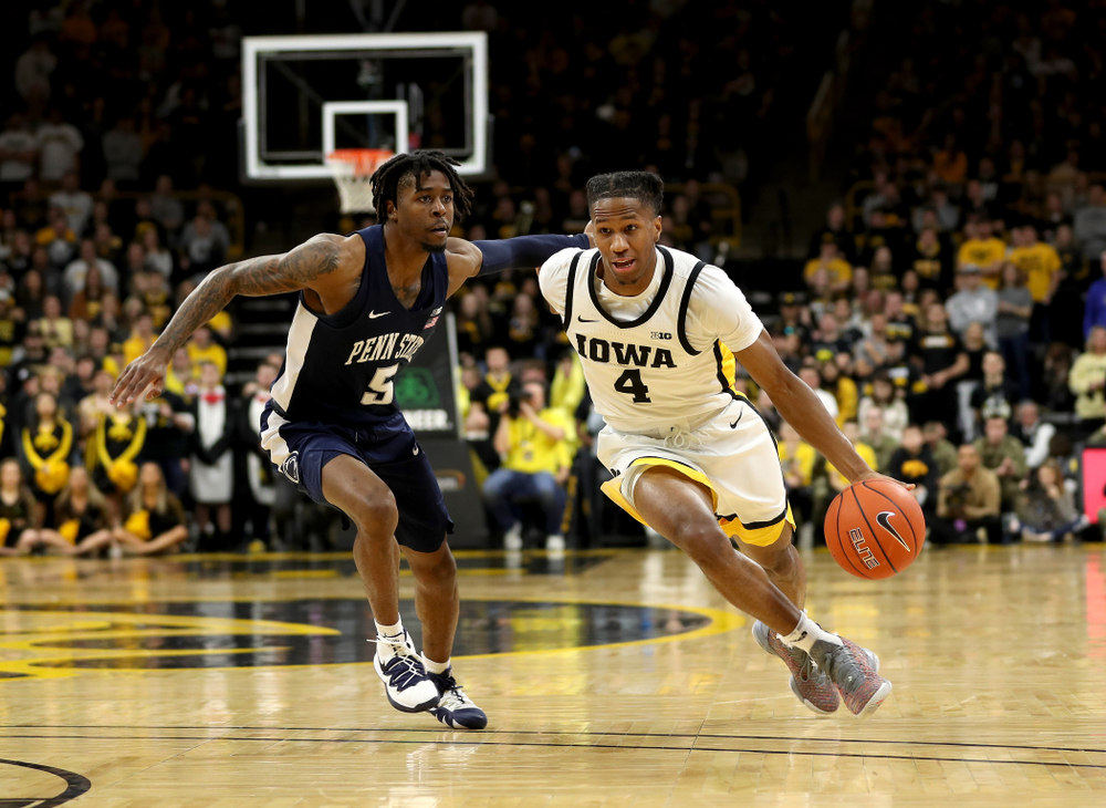 Iowa Hawkeyes guard Bakari Evelyn (4) against Penn State Saturday, February 29, 2020 at Carver-Hawkeye Arena. (Brian Ray/hawkeyesports.com)