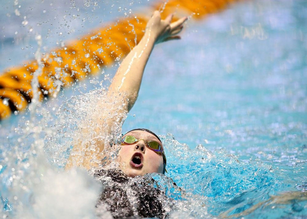 Iowa’s Emilia Sansome swims the women’s 200 yard backstroke final event during the 2020 Women’s Big Ten Swimming and Diving Championships at the Campus Recreation and Wellness Center in Iowa City on Saturday, February 22, 2020. (Stephen Mally/hawkeyesports.com)
