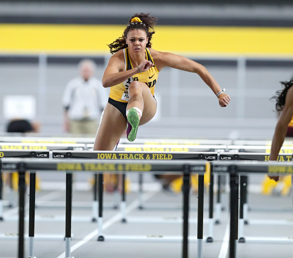 Iowa’s Dallyssa Huggins runs the women’s 60 meter hurdles premier preliminary event during the Larry Wieczorek Invitational at the Recreation Building in Iowa City on Saturday, January 18, 2020. (Stephen Mally/hawkeyesports.com)