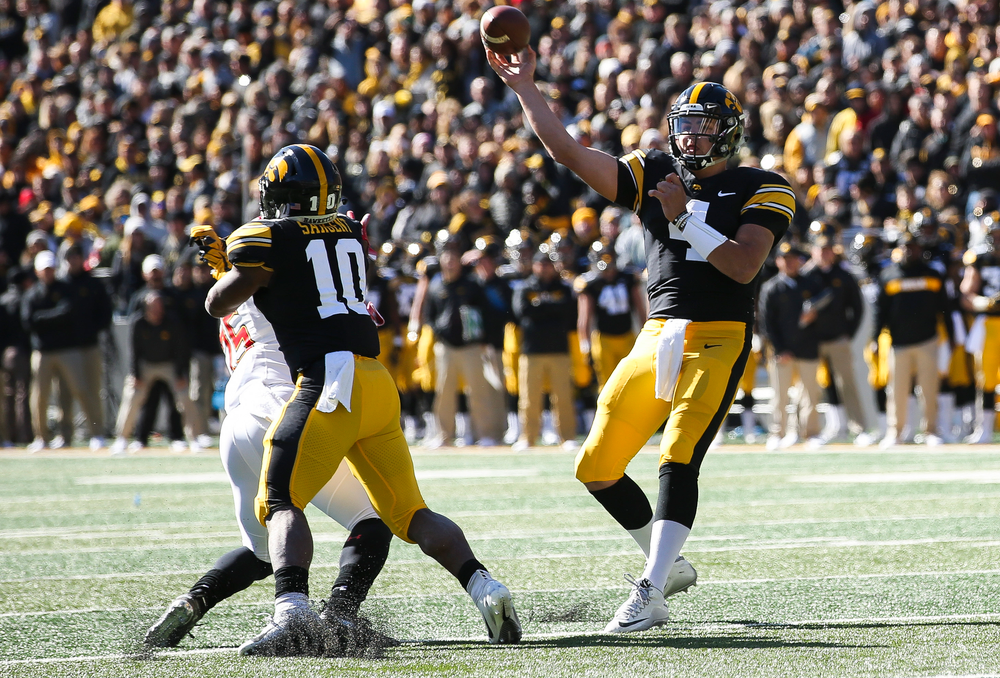 Iowa Hawkeyes quarterback Nate Stanley (4) passes the ball during a game against Maryland at Kinnick Stadium on October 20, 2018. (Tork Mason/hawkeyesports.com)