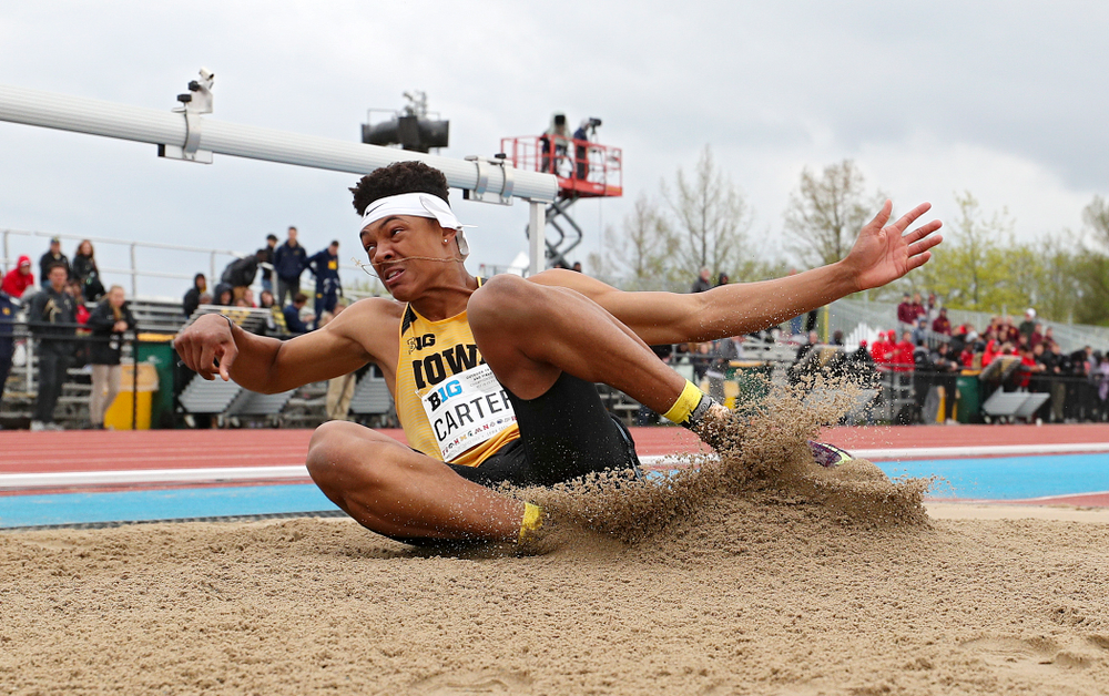 Iowa's James Carter jumps in the men’s triple jump event on the third day of the Big Ten Outdoor Track and Field Championships at Francis X. Cretzmeyer Track in Iowa City on Sunday, May. 12, 2019. (Stephen Mally/hawkeyesports.com)