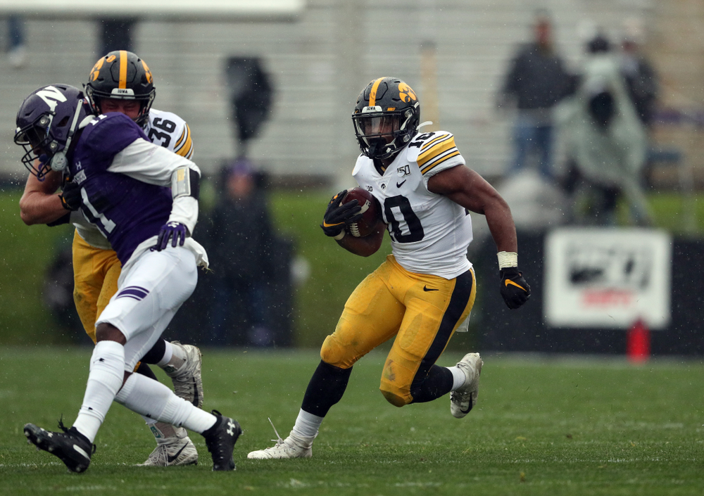Iowa Hawkeyes running back Mekhi Sargent (10) against the Northwestern Wildcats Saturday, October 26, 2019 at Ryan Field in Evanston, Ill. (Brian Ray/hawkeyesports.com)