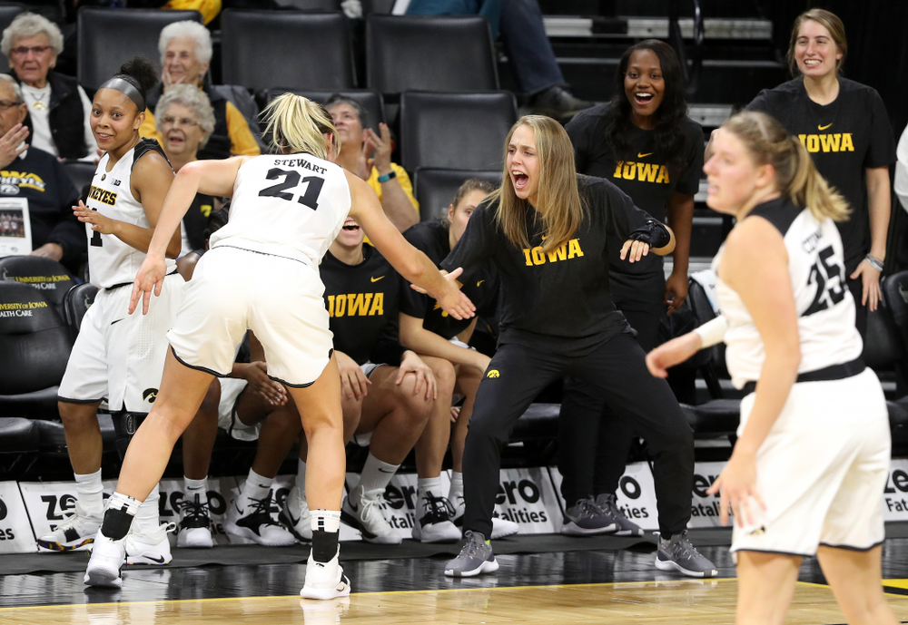 Iowa Hawkeyes forward Hannah Stewart (21) and guard Kathleen Doyle (22) against Dakota Wesleyan University Tuesday, November 6, 2018 at Carver-Hawkeye Arena. (Brian Ray/hawkeyesports.com)