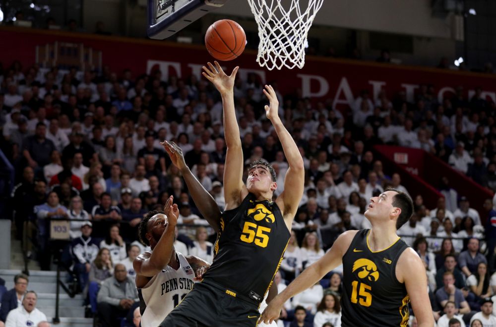 Iowa Hawkeyes forward Luka Garza (55) puts up a shot against Penn State Friday, January 3, 2020 at the Palestra in Philadelphia. (Brian Ray/hawkeyesports.com)