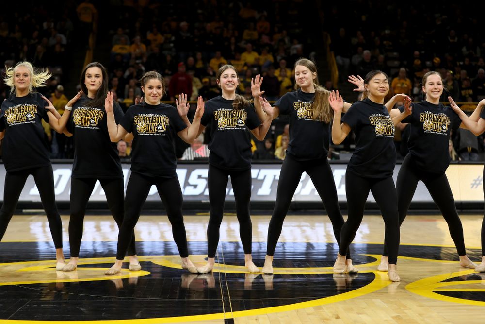 The Iowa Spirit Squad performs with participants in Spirit Squad Day at halftime of the Iowa Hawkeyes game against the Nebraska Cornhuskers Saturday, February 8, 2020 at Carver-Hawkeye Arena. (Brian Ray/hawkeyesports.com)