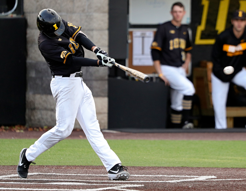 Iowa Dylan Nedved (17) drives a pitch for a hit during the fifth inning of the first game of the Black and Gold Fall World Series at Duane Banks Field in Iowa City on Tuesday, Oct 15, 2019. (Stephen Mally/hawkeyesports.com)