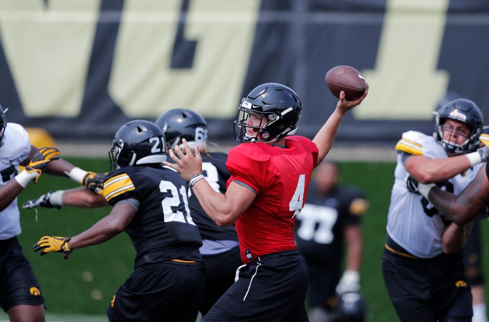 Iowa Hawkeyes quarterback Nathan Stanley (4) during fall camp practice No. 9 Friday, August 10, 2018 at the Kenyon Practice Facility. (Brian Ray/hawkeyesports.com)
