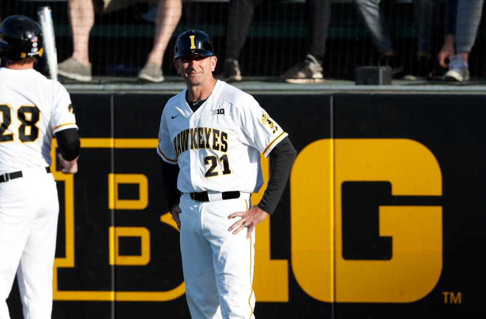 Iowa Hawkeyes head coach Rick Heller against the Michigan Wolverines Friday, April 27, 2018 at Duane Banks Field in Iowa City. (Brian Ray/hawkeyesports.com)