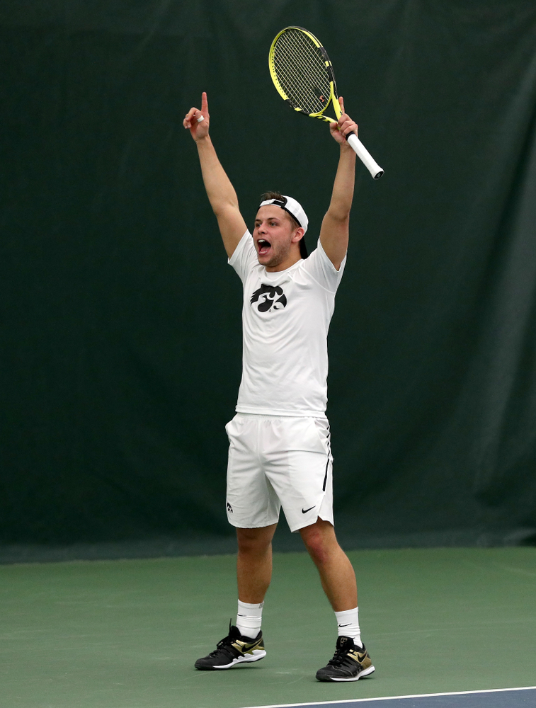 Iowa’s Will Davies against Cornell Sunday, March 8, 2020 at the Hawkeye Tennis and Recreation Center. (Brian Ray/hawkeyesports.com)
