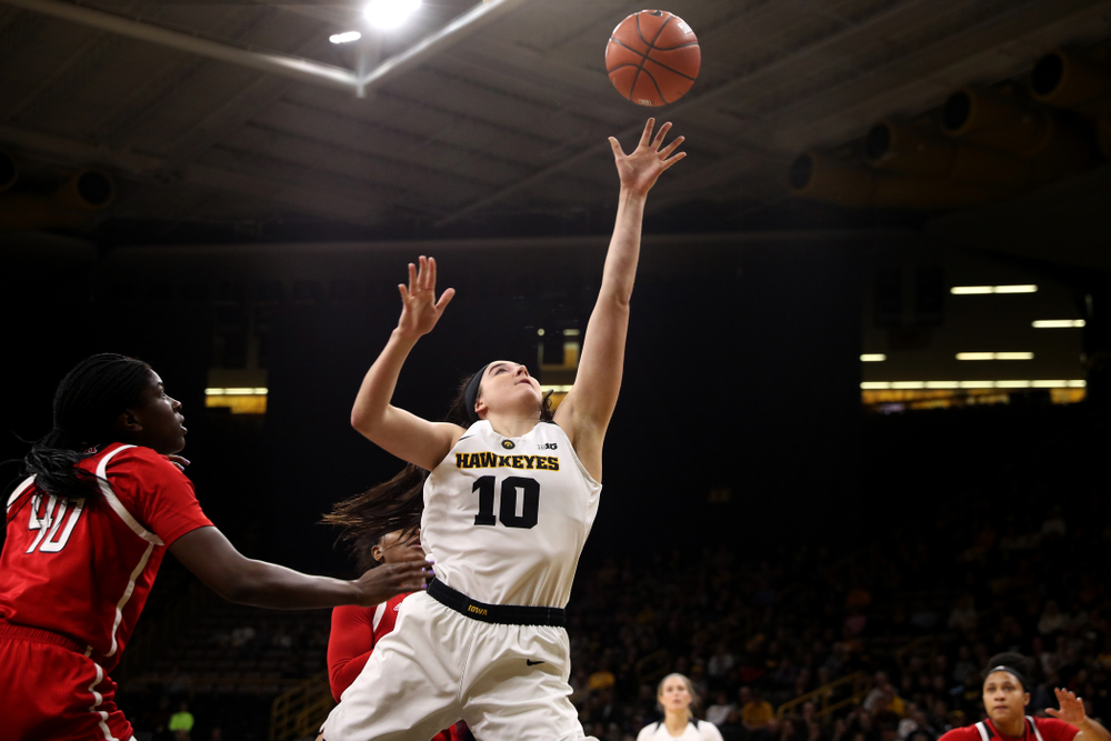 Iowa Hawkeyes forward Megan Gustafson (10) against the Rutgers Scarlet Knights Wednesday, January 23, 2019 at Carver-Hawkeye Arena. (Brian Ray/hawkeyesports.com)