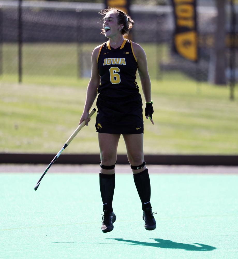 Iowa Hawkeyes defenseman Anthe Nijziel (6) celebrates a goal against Central Michigan Friday, September 6, 2019 at Grant Field. The Hawkeyes won the game 11-0. (Brian Ray/hawkeyesports.com)