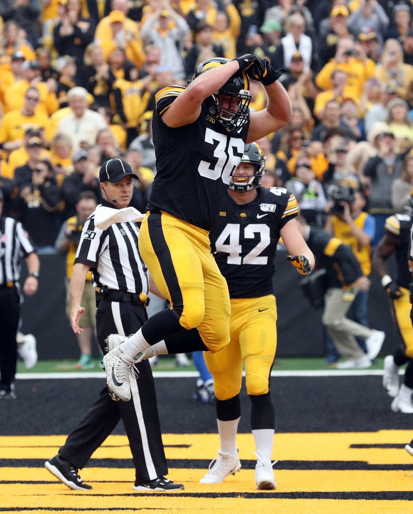 Iowa Hawkeyes fullback Brady Ross (36) celebrates after scoring a touchdown against Middle Tennessee State Saturday, September 28, 2019 at Kinnick Stadium. (Brian Ray/hawkeyesports.com)