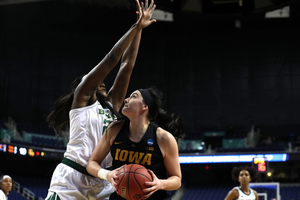 Iowa Hawkeyes forward Megan Gustafson (10) against the Baylor Lady Bears in the regional final of the 2019 NCAA Women's College Basketball Tournament Monday, April 1, 2019 at Greensboro Coliseum in Greensboro, NC.(Brian Ray/hawkeyesports.com)