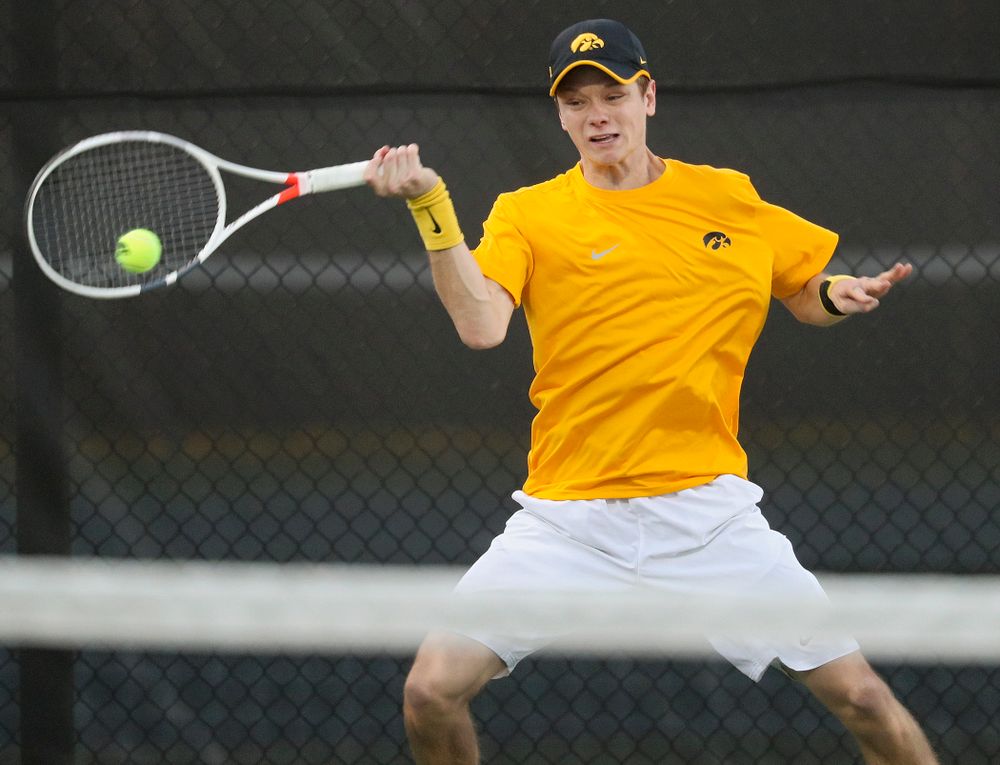 Iowa's Jason Kerst during his match again Michigan State at the Hawkeye Tennis and Recreation Complex in Iowa City on Friday, Apr. 19, 2019. (Stephen Mally/hawkeyesports.com)