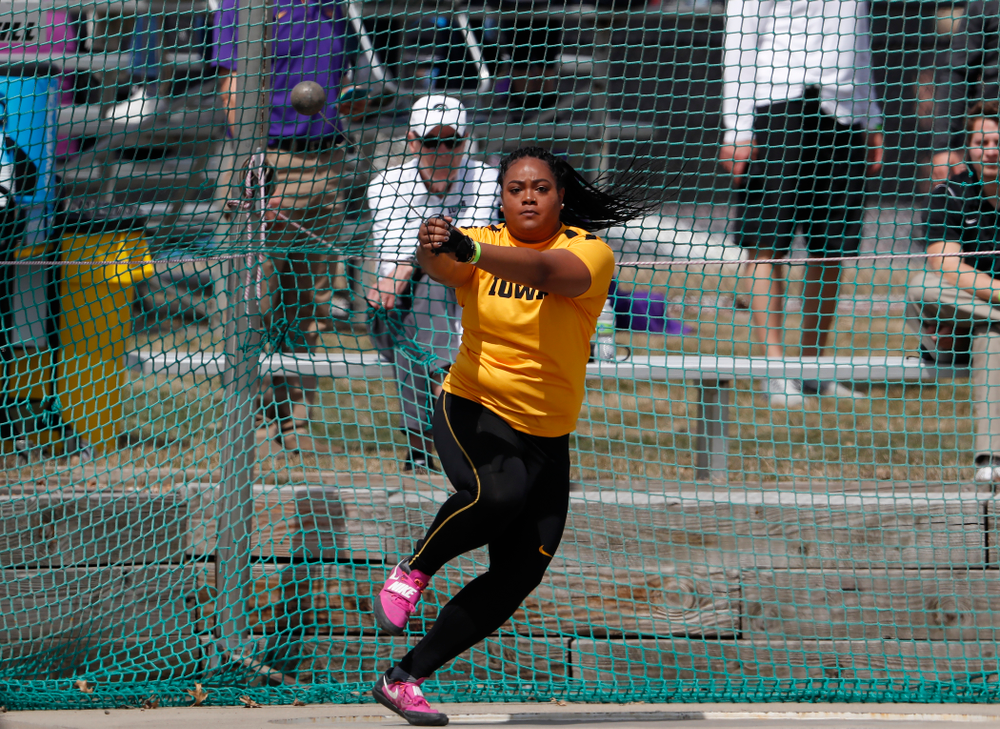 Iowa's Laulauga Tausaga competes in the hammer throw during the 2018 MUSCO Twilight Invitational Thursday, April 12, 2018 at the Cretzmeyer Track. (Brian Ray/hawkeyesports.com)
