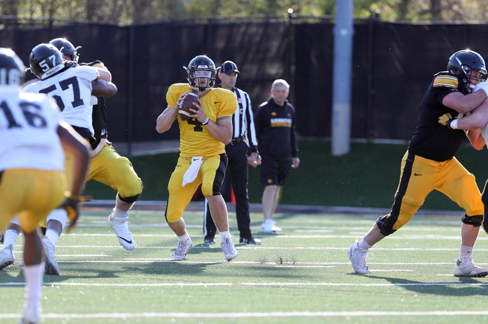 Iowa Hawkeyes quarterback Nate Stanley (4) during the teamÕs final spring practice Friday, April 26, 2019 at the Kenyon Football Practice Facility. (Brian Ray/hawkeyesports.com)