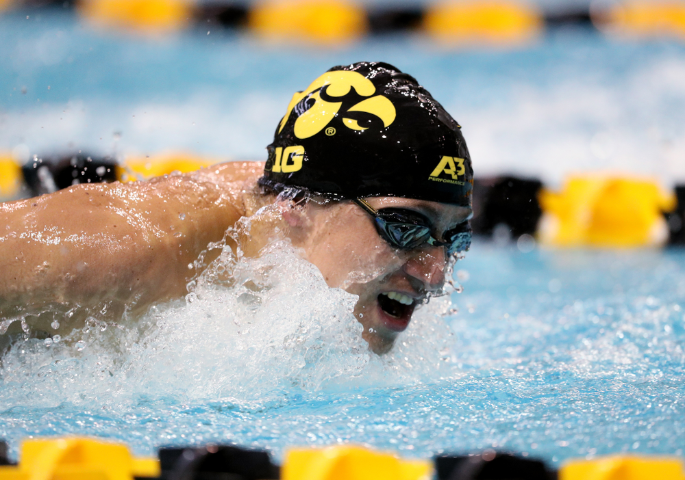 IowaÕs Michael Tenney competes in the 200 yard butterfly against Notre Dame and Illinois Saturday, January 11, 2020 at the Campus Recreation and Wellness Center. (Brian Ray/hawkeyesports.com)