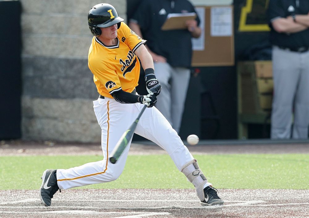 Iowa Hawkeyes second baseman Brendan Sher (2) hits a double during the third inning of their game against Northern Illinois at Duane Banks Field in Iowa City on Tuesday, Apr. 16, 2019. (Stephen Mally/hawkeyesports.com)