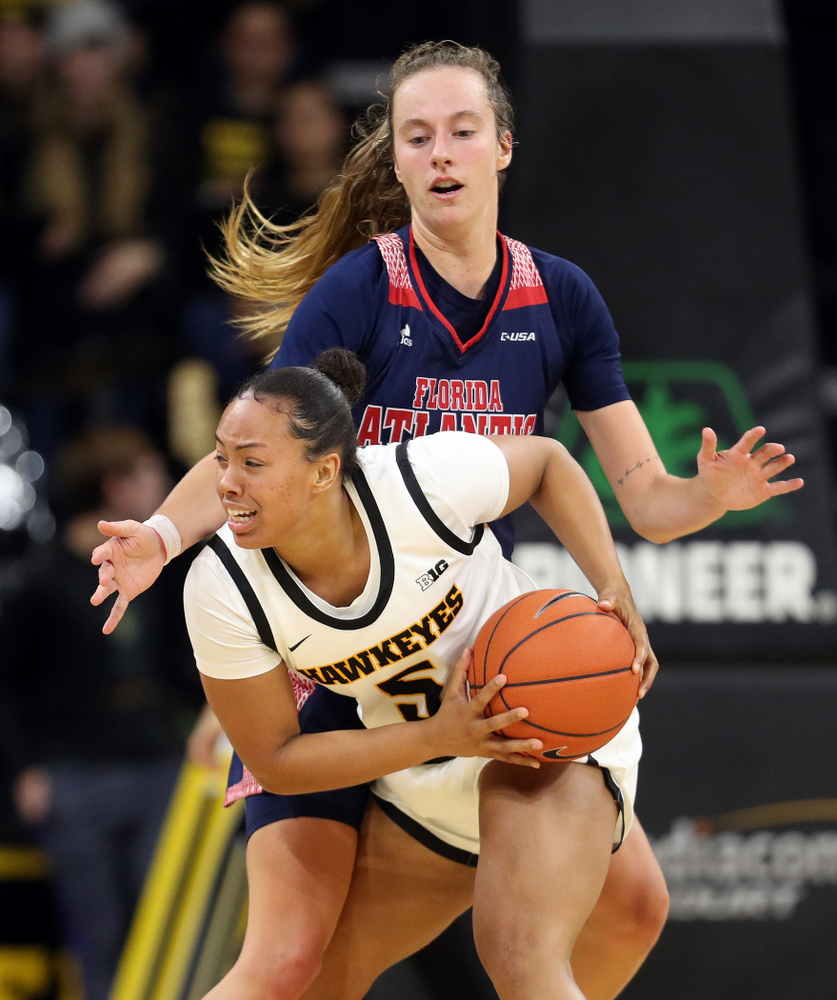 Iowa Hawkeyes guard Alexis Sevillian (5) against Florida Atlantic University Thursday, November 7, 2019 at Carver-Hawkeye Arena. (Brian Ray/hawkeyesports.com)