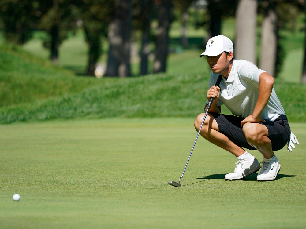 Iowa’s Joe Kim lines up a putt during the second day of the Golfweek Conference Challenge at the Cedar Rapids Country Club in Cedar Rapids on Monday, Sep 16, 2019. (Stephen Mally/hawkeyesports.com)