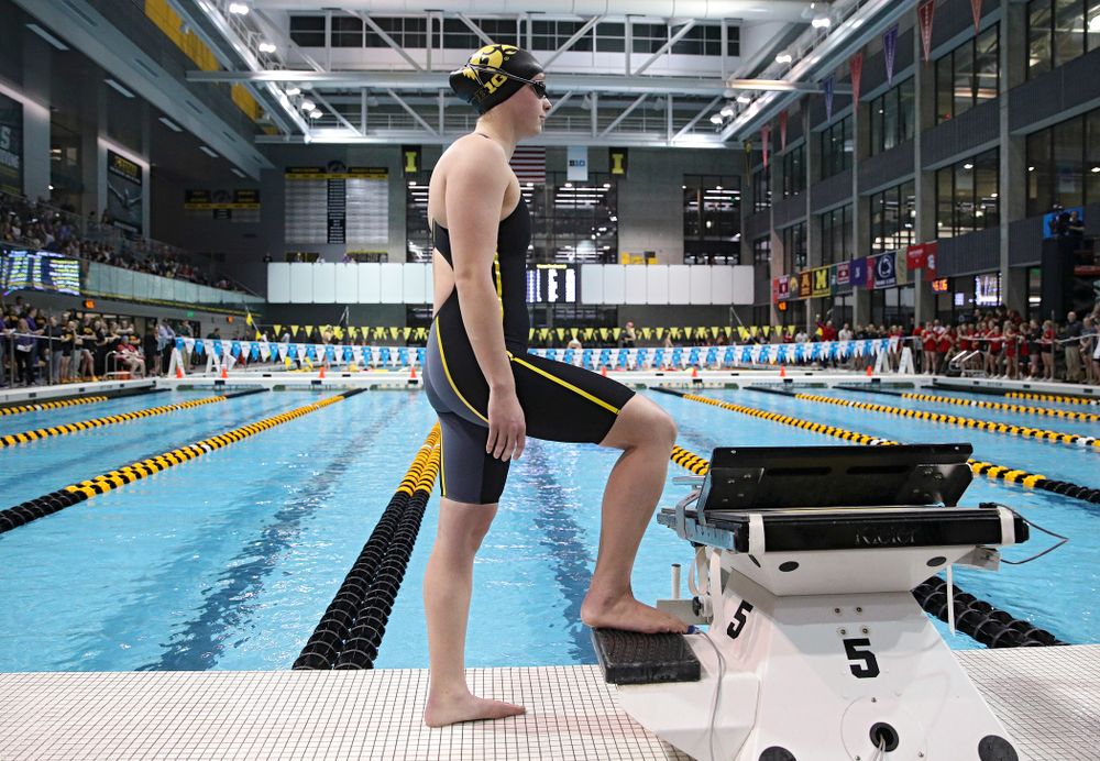 Iowa’s Kelsey Drake waits to swim the women’s 200 yard butterfly consolation final event during the 2020 Women’s Big Ten Swimming and Diving Championships at the Campus Recreation and Wellness Center in Iowa City on Saturday, February 22, 2020. (Stephen Mally/hawkeyesports.com)