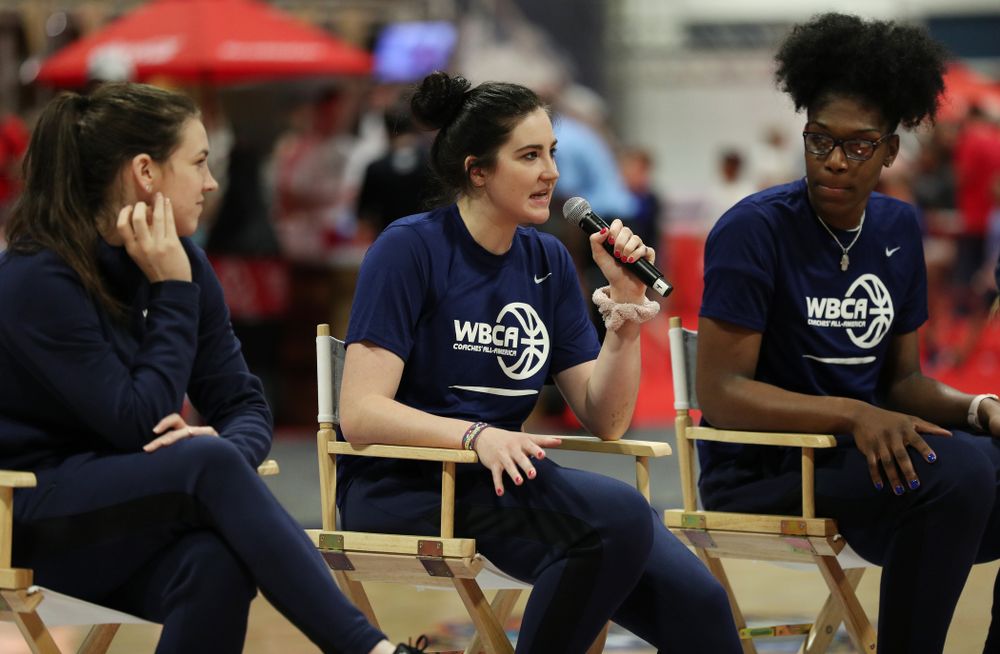 Iowa Hawkeyes forward Megan Gustafson (10) participates in a panel discussion with the other WBCA All Americans at the Tourney Town Fan Fest Friday, April 5, 2019 at the Tampa Convention Center in Tampa, FL. (Brian Ray/hawkeyesports.com)