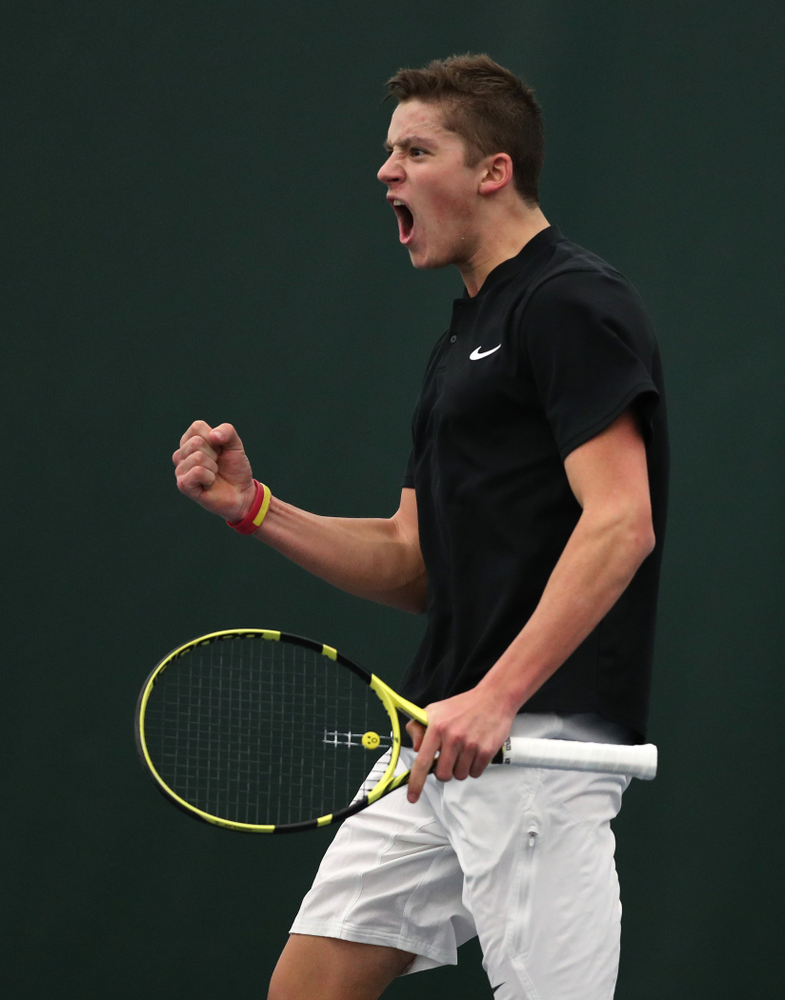 Joe Tyler against Utah Sunday, February 10, 2019 at the Hawkeye Tennis and Recreation Complex. (Brian Ray/hawkeyesports.com)