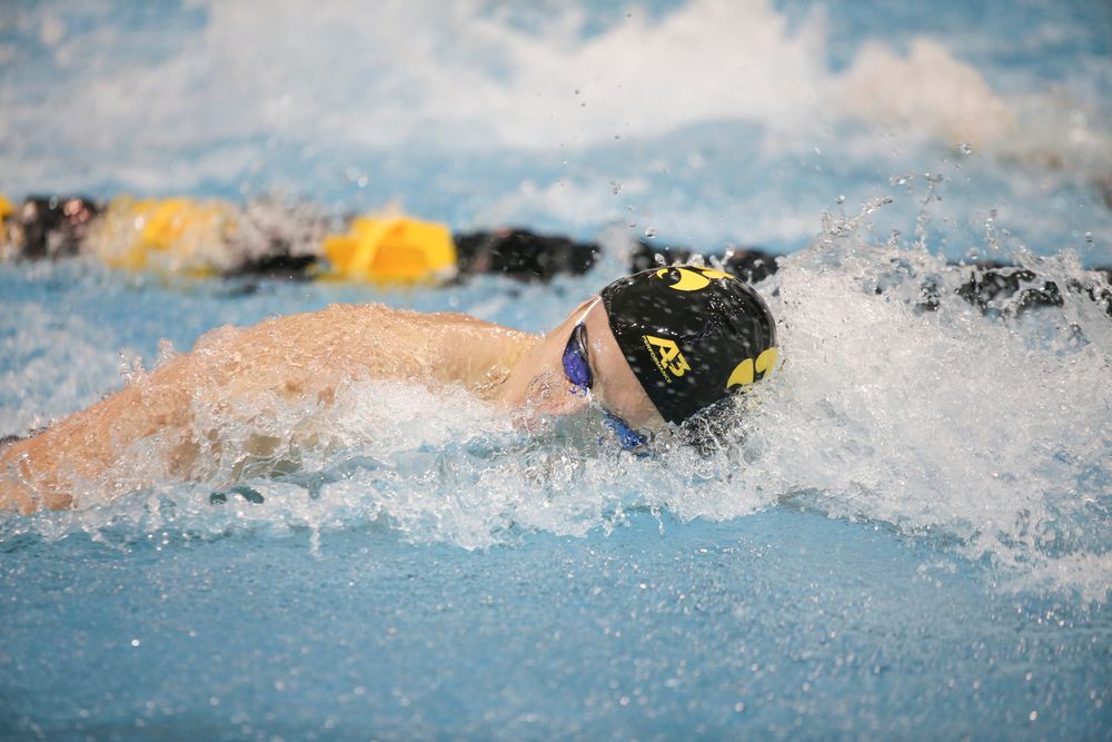 Iowa’s Joe Myhre swims the 100-yard freestyle during the Iowa swimming and diving meet vs Notre Dame and Illinois on Saturday, January 11, 2020 at the Campus Recreation and Wellness Center. (Lily Smith/hawkeyesports.com)