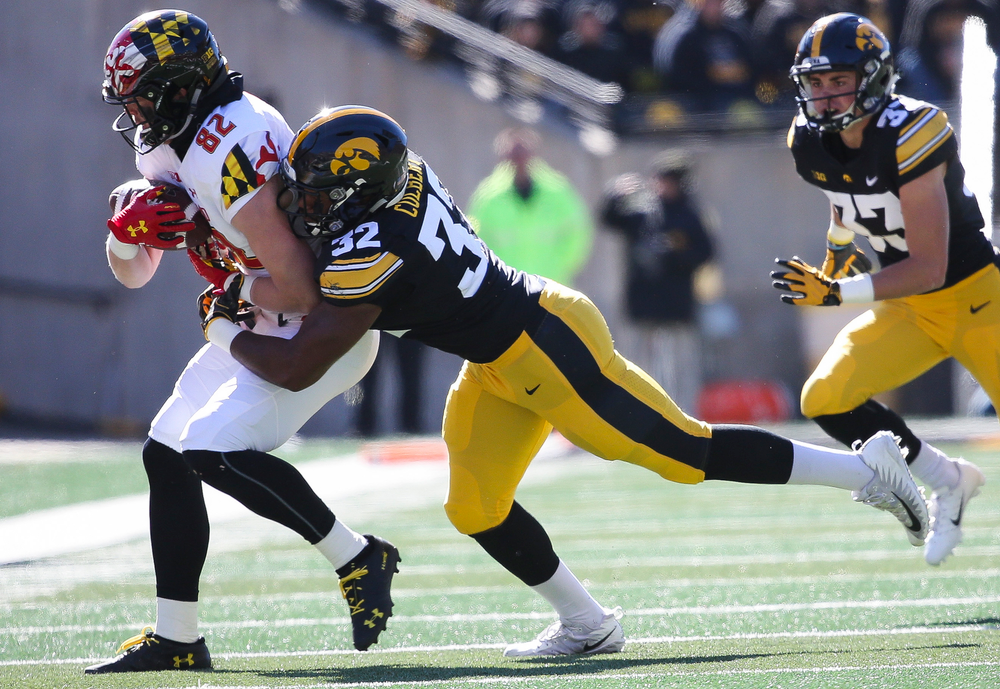 Iowa Hawkeyes linebacker Djimon Colbert (32) makes a tackle during a game against Maryland at Kinnick Stadium on October 20, 2018. (Tork Mason/hawkeyesports.com)