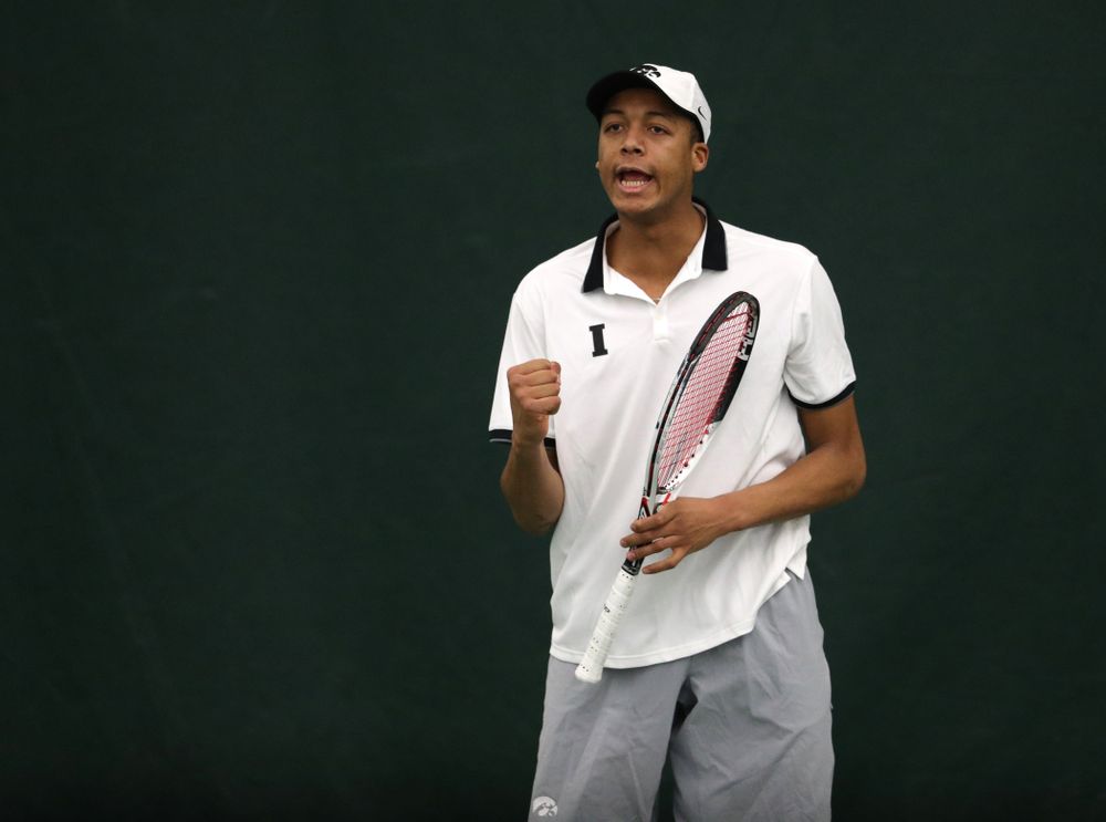 Iowa's Oliver Okonkwo against Western Michigan Saturday, January 19, 2019 at the Hawkeye Tennis and Recreation Complex. (Brian Ray/hawkeyesports.com)