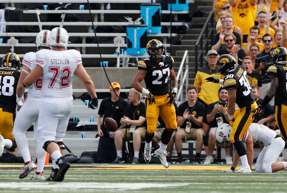 Iowa Hawkeyes defensive back Amani Hooker (27) interceptss a pass against the Northern Illinois Huskies Saturday, September 1, 2018 at Kinnick Stadium. (Brian Ray/hawkeyesports.com)