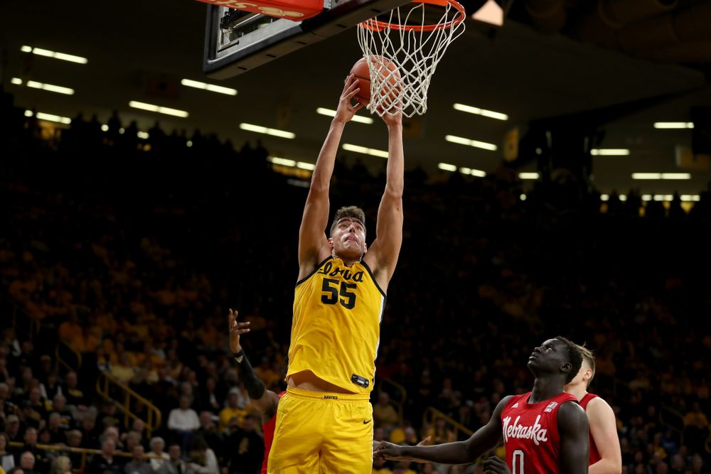 Iowa Hawkeyes forward Luka Garza (55) against the Nebraska Cornhuskers Saturday, February 8, 2020 at Carver-Hawkeye Arena. (Brian Ray/hawkeyesports.com)