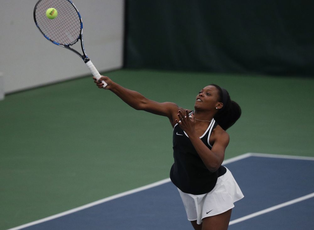 Iowa's Adorabol Huckleby during a doubles match against North Texas Sunday, January 20, 2019 at the Hawkeye Tennis and Recreation Center. (Brian Ray/hawkeyesports.com)