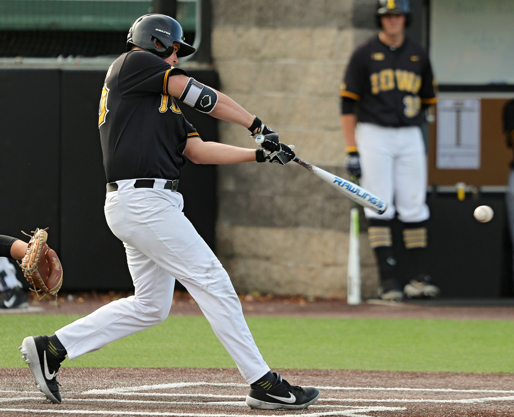 Iowa first baseman Peyton Williams (45) bats during the third inning of the first game of the Black and Gold Fall World Series at Duane Banks Field in Iowa City on Tuesday, Oct 15, 2019. (Stephen Mally/hawkeyesports.com)